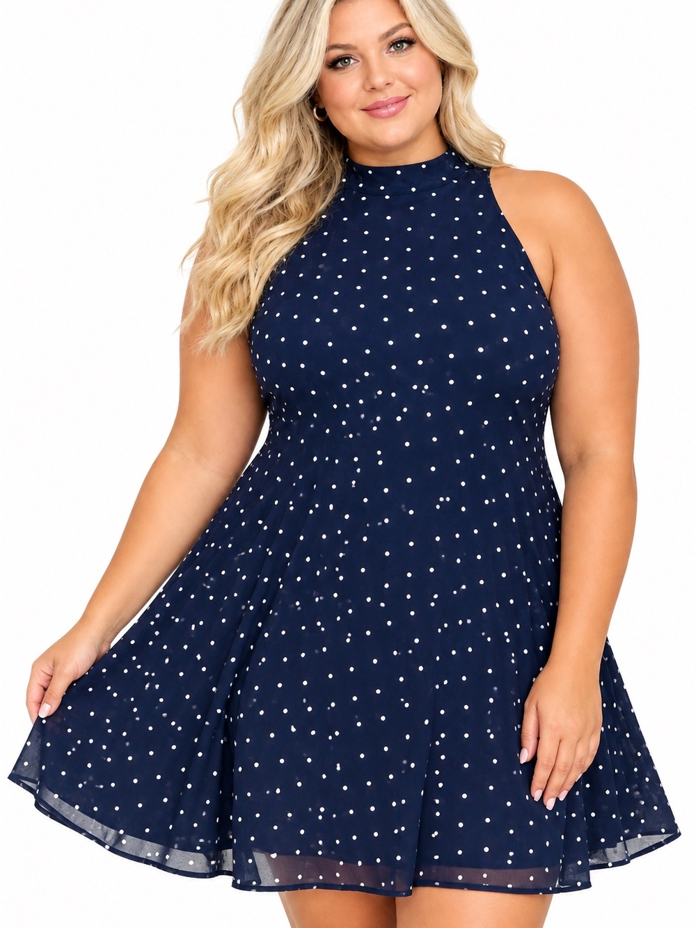 Altar'd State Navy/White Polka Dot Mock Neck Fit & Flare Lined Dress 3XL